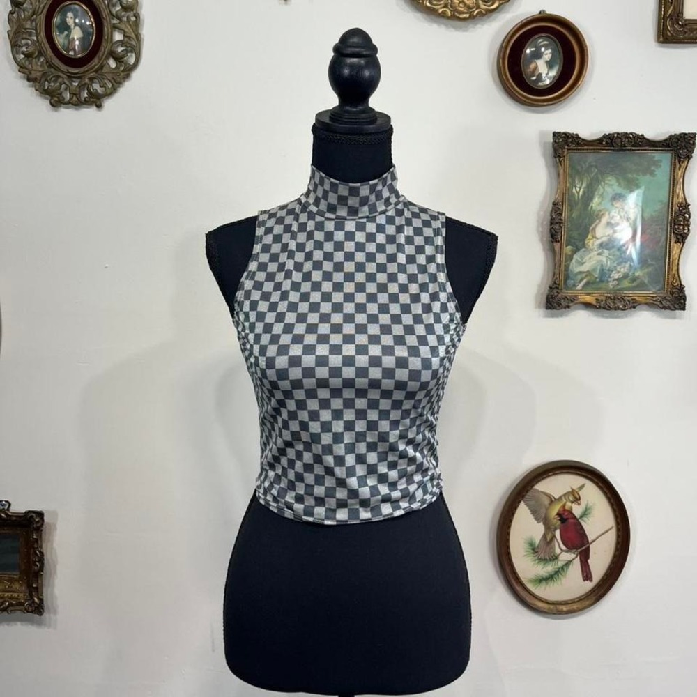 Vintage Y2KCheryl Creations Grey Checkered Mock Neck Sleeveless Crop Top